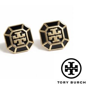 NEW Tory Burch Audrina Octagonal Stud Earrings Black Enamel Gold Tone